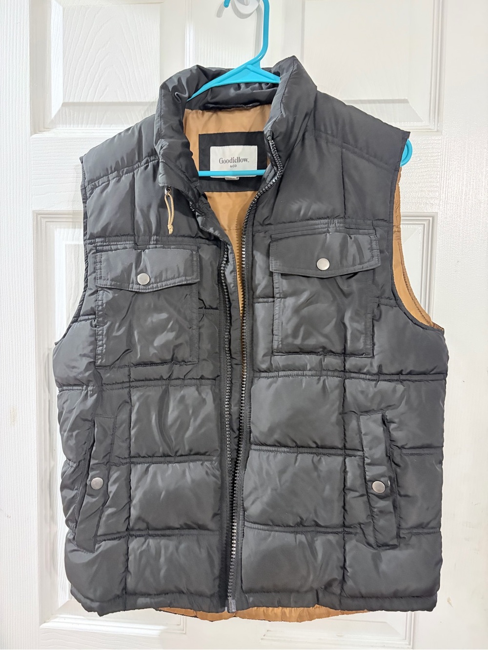 Goodfellow & Co Men’s Medium Black Puffer Vest Brown Lining Utility Pockets
